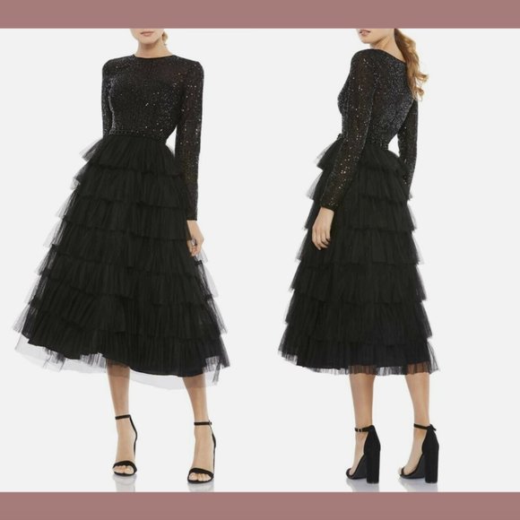 NWT $498 IEENA Mac Duggal [ 2‎ ] Long Sleeve Ruffle Tiered Midi Dress Black Q560 - Picture 1 of 16